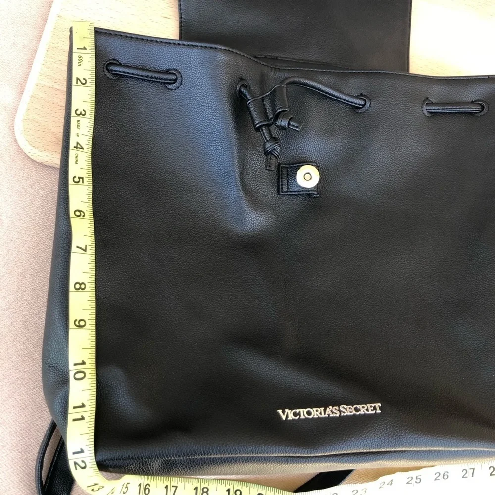 Victoria’s Secret Faux Leather Drawstring Magnet Black Backpack 15”W 12”H 6”D